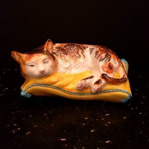 Calico Kitten Cat Sleeping on Pillow Italy Ceramic Vintage